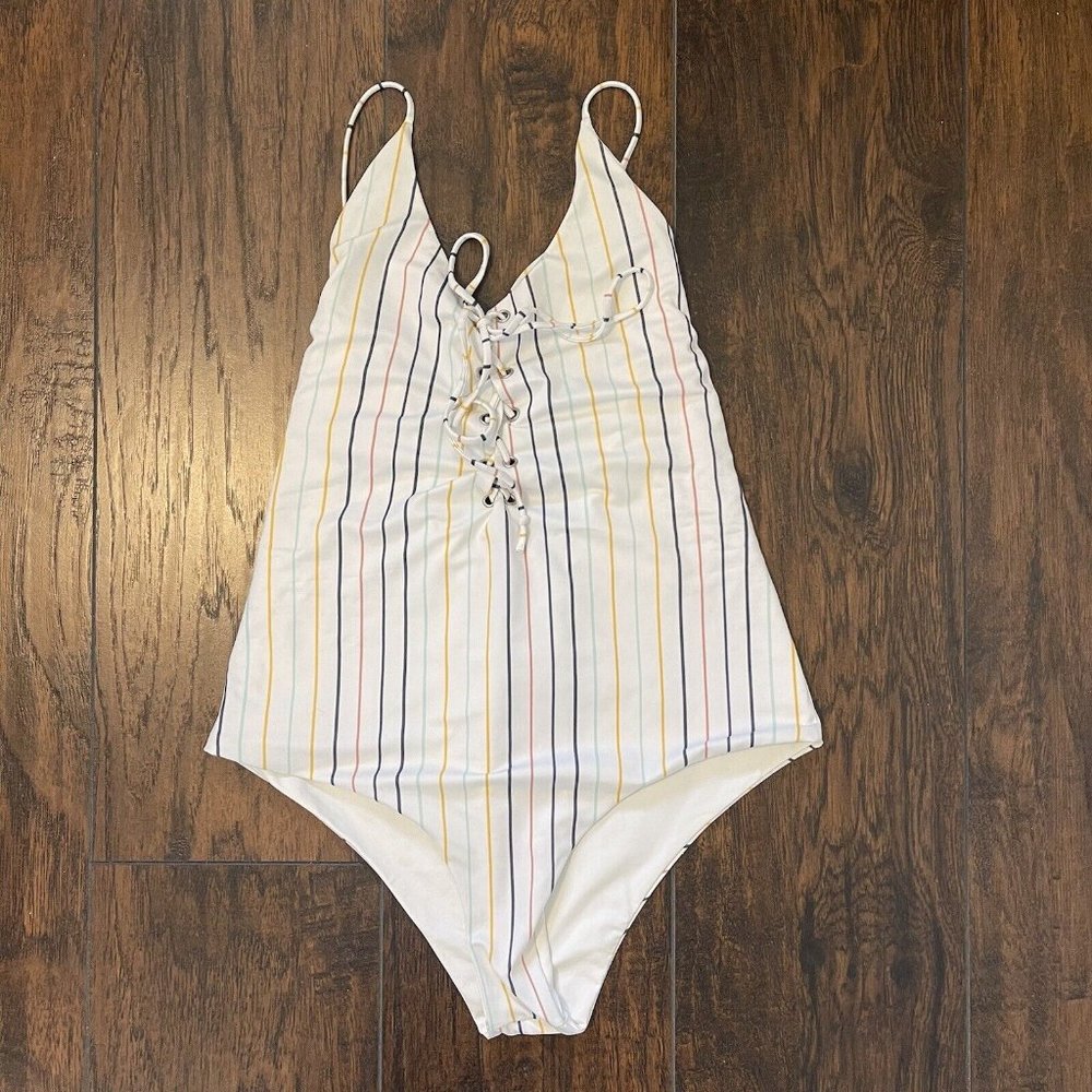 Women's Lace Up Front Back One Piece Bathing Suit White Multicolor Striped Large